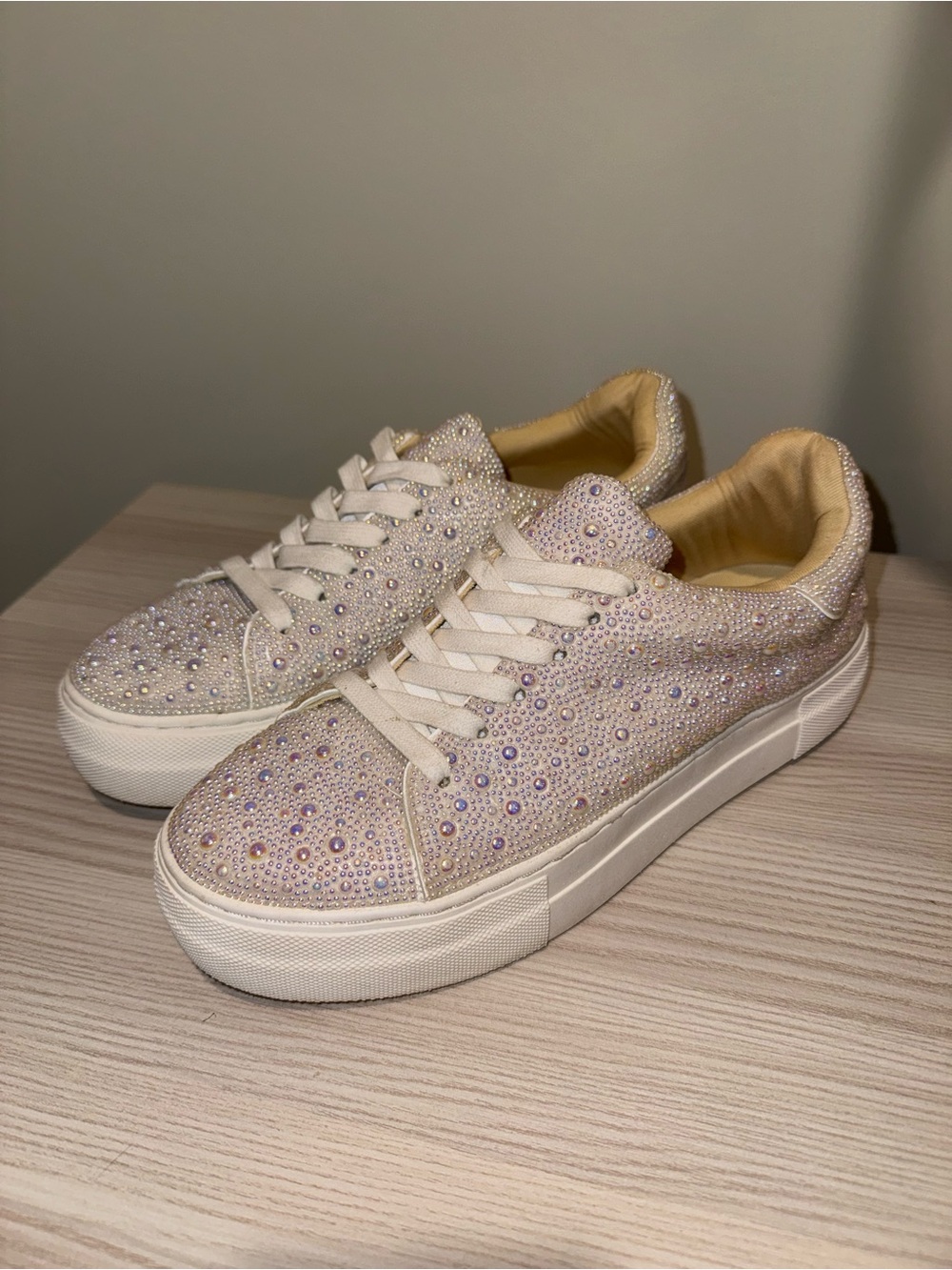 Betsey Johnson Cream Crystal-Embellished Platform Sneakers 8